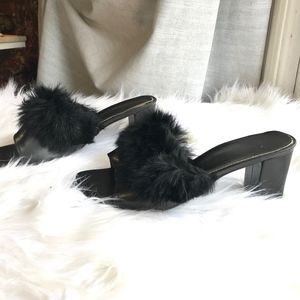 Canda Black Leather Open Toe Block Heel Fur Heel 8